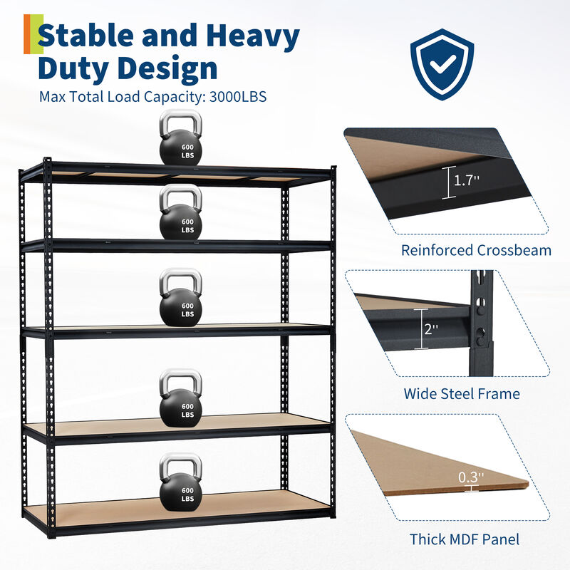 Heavy Duty 5-Tier Adjustable Metal Storage Shelves, 2500 lbs Capacity, Suitable for Garage, Kitchen, Pantry, Basement, Bathroom & Laundry Room image number 3