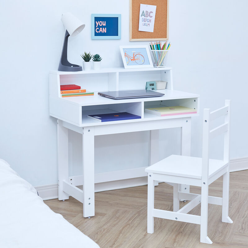Fantasy Fields -  Kids wooden Desk & Chairs set with storage on the table top  - White