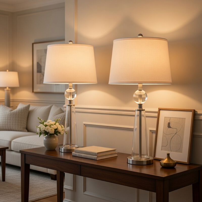 Table Lamp Set of 2, Off White Shade, Taper Glass Base, Brushed Steel image number 8
