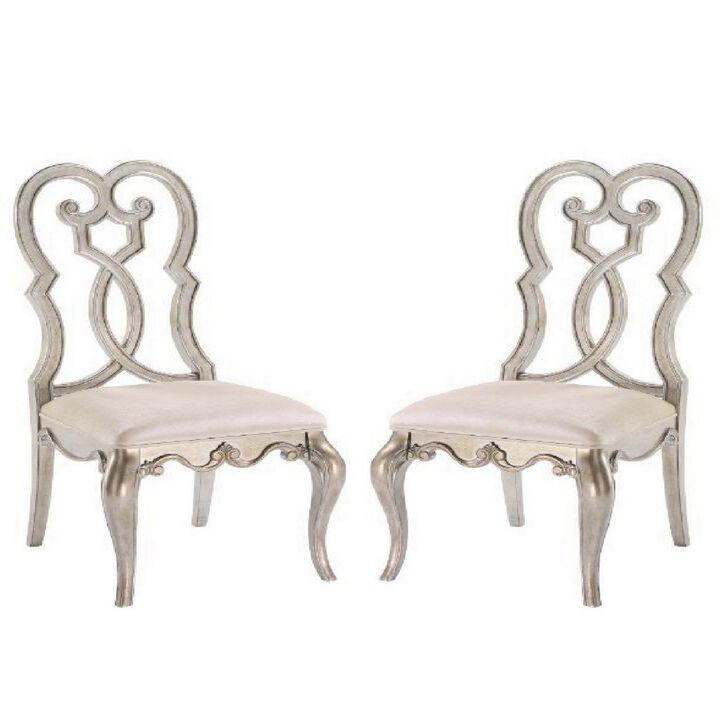 Side Chair with Wooden Scrolled Design Back, Set of 2, Beige-Benzara