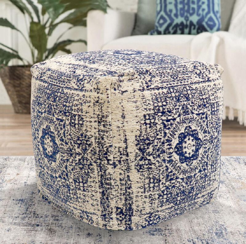 Pasargad Home Grandcanyon Distressed Cotton Pouf, Navy/Ivory image number 1