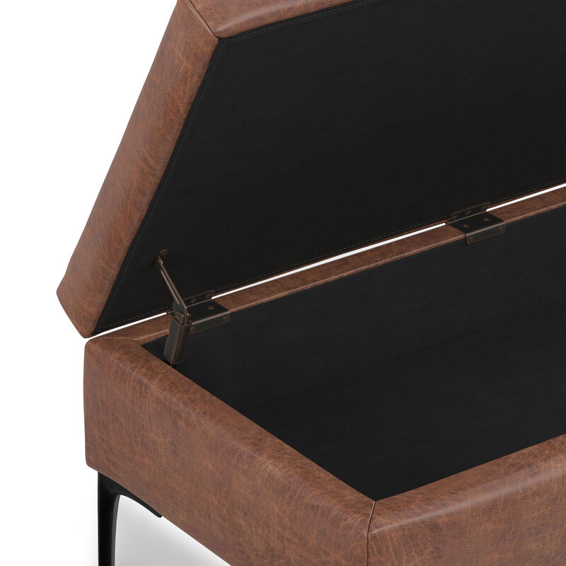 Rebecca 48 inch Wide Mid Century Modern Rectangle Large Coffee Table&nbsp;Storage Ottoman with Lift up Lid in Distressed Saddle Brown Faux Leather, Assembled image number 9