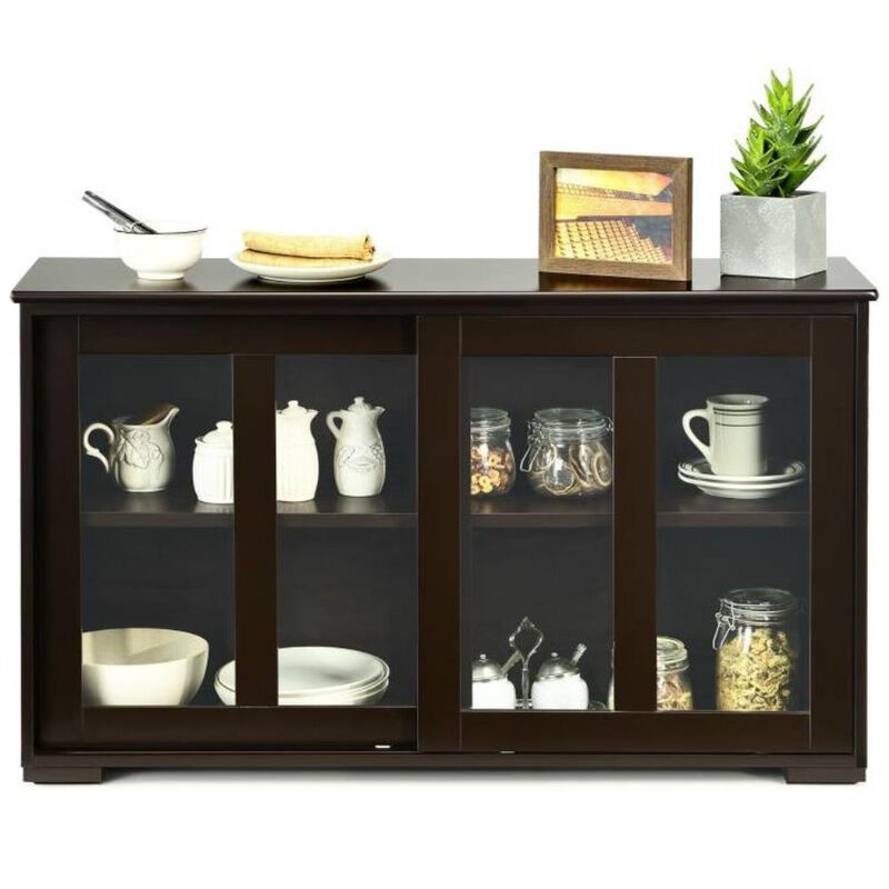 Hivvago Brown Wood Buffet Kitchen Dining Sideboard Storage Cabinet w/ Glass Sliding Door