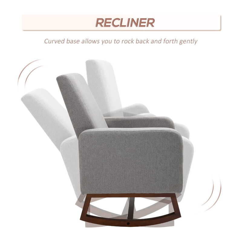 Gray Linen Lounger: Accent Rocking Chair with Solid Wood Base