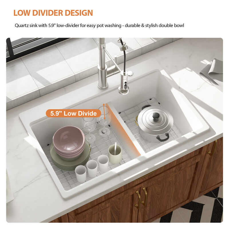 33x22x10 Inch White Granite Composite Workstation kitchen Sink Low Divide 60/40 Double Bowl Quartz Drop In Kitchen Sink