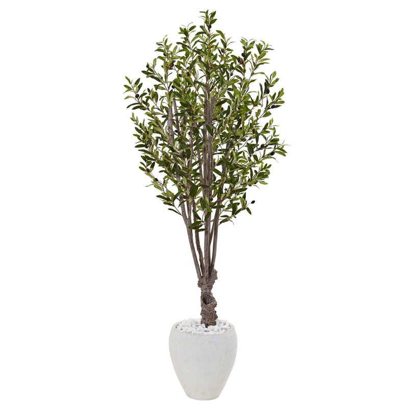 Nearly Natural 5-ft Olive Tree in White Oval Planter