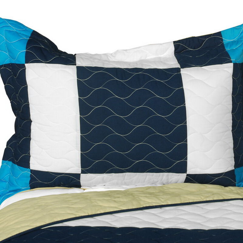 Sea Center Patchwork Quilt Set 3 Piece Queen Size with Vermicelli Quilting-Blue image number 2