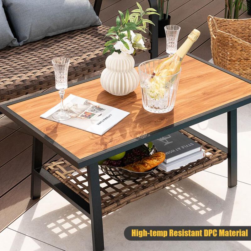 Hivvago 2 Pieces Patio Rattan Coffee Table Set with Shelf and Quick Dry Cushion