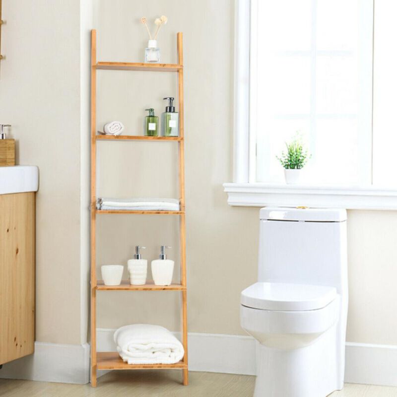 Hivvago 5-Tier Modern Bamboo Wall-Leaning Display Ladder Bookshelf