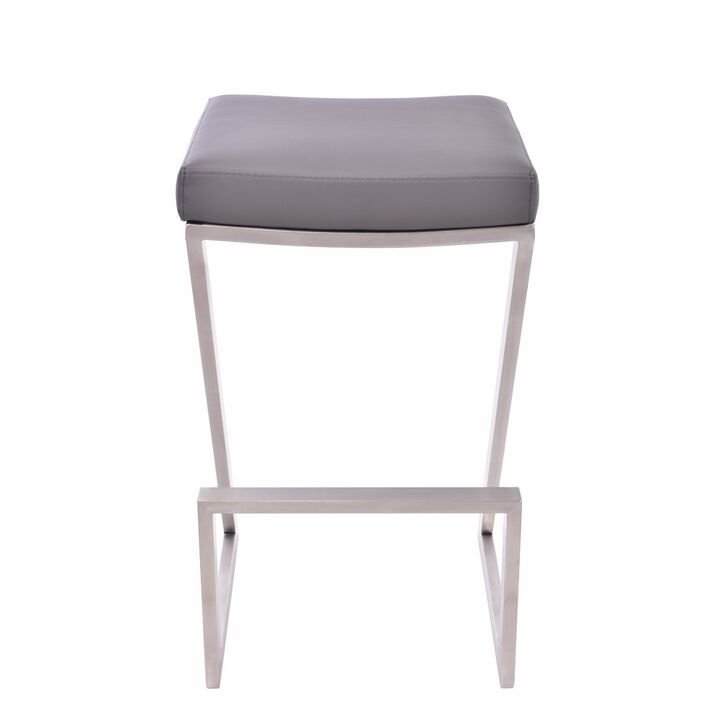 Z Shaped Metal Backless Barstool with Padded Seat, Silver and Gray-Benzara