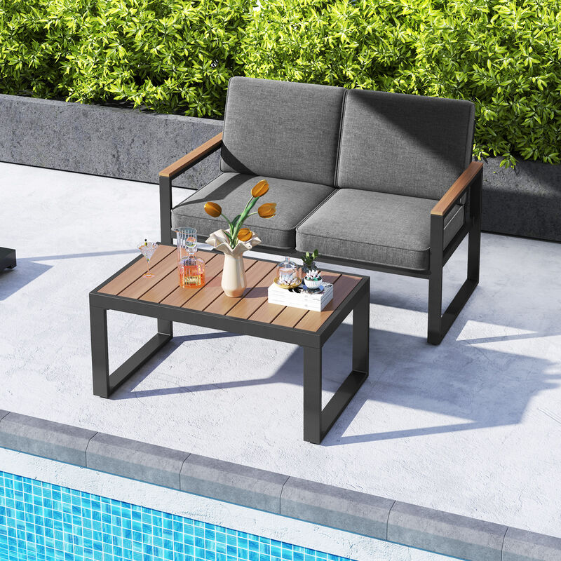 2-Piece Outdoor Aluminum Patio Set with Wood-Plastic Armrests and Table - Grey image number 7