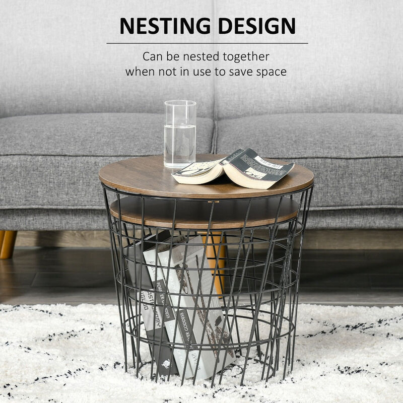 End Tables Set of 2, Nesting Tables with Storage, Round Accent Side Tables with Removable Top for Living Room, Bedroom, Black / Brown