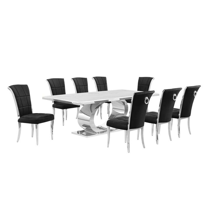 Best Quality Furniture 9pc Large (87) marble top dining set with silver base and 8 Black side chairs