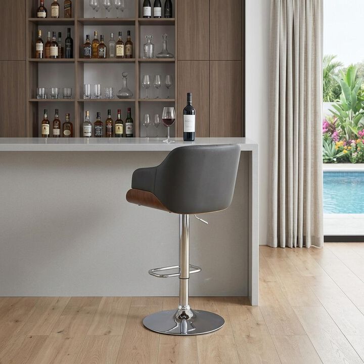 HomeRoots Gray And Silver Faux Leather And Fabric And Iron Low Back Adjustable Height Swivel Bar Chair