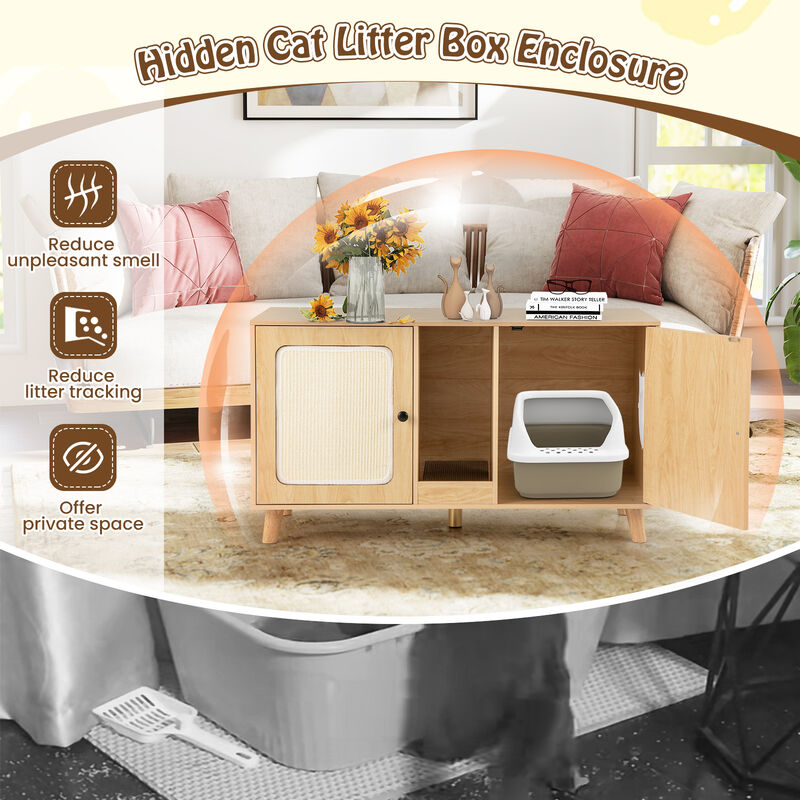 Hidden Cat Litter Box Enclosure with Double Rooms and Sisal Scratching Mats image number 6