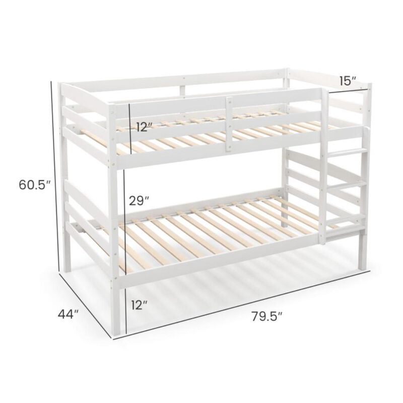 Hivvago Solid Wood Twin Over Twin Bunk Bed Frame with High Guardrails and Integrated Ladder