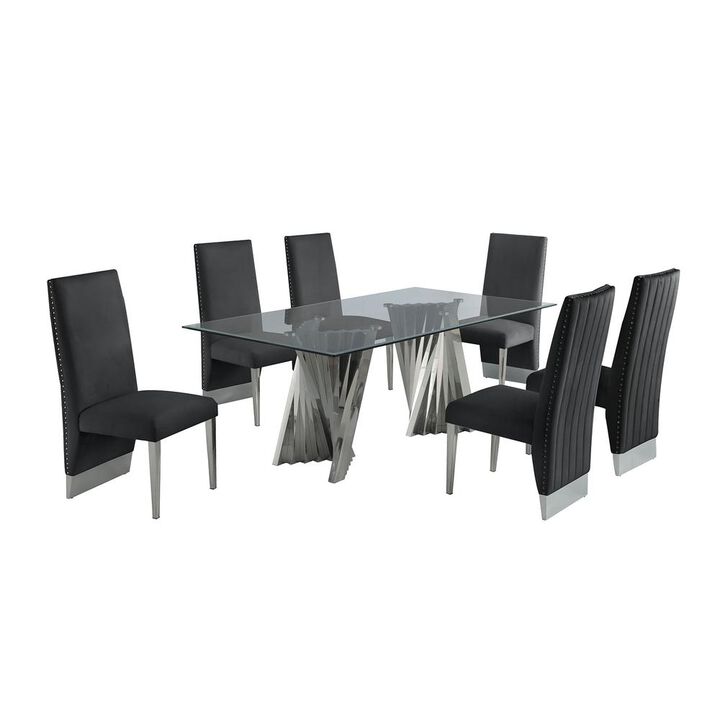 Classic 7pc Dining Set w/Pleated Side Chair, Glass Table w/ Silver Spiral Base, Black