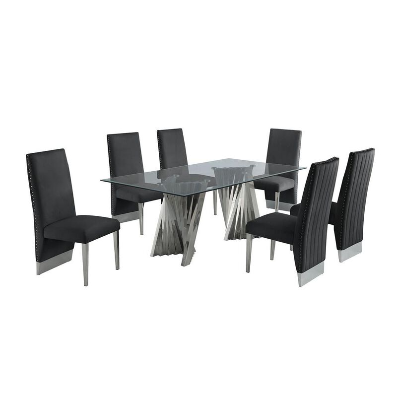 Classic 7pc Dining Set w/Pleated Side Chair, Glass Table w/ Silver Spiral Base, Black