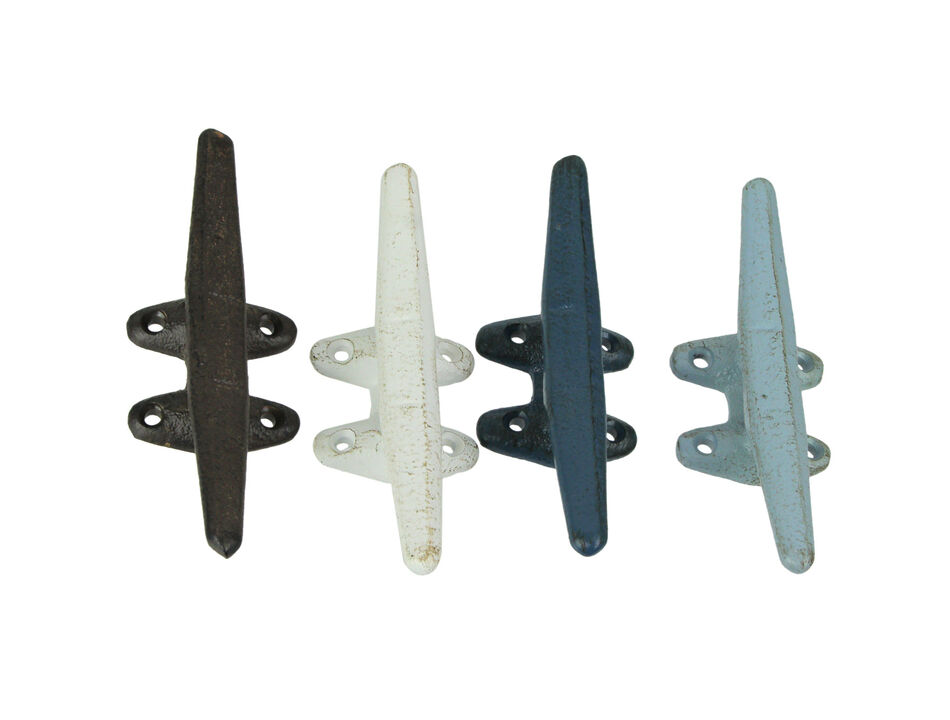 Set of 4 Vibrantly Colored Cast Iron Nautical Boat Cleat Wall Hooks for Rustic Coastal Charm and Functional Style - 5.75 Inches Long - Easy Installation