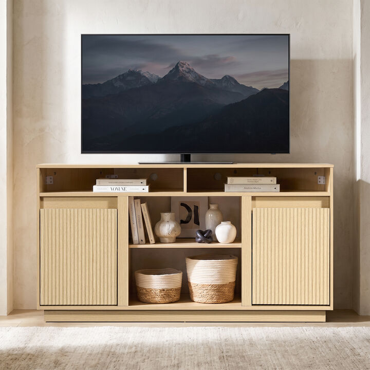 47" Modern Natural Oak Wood Fluted Door Corner TV Stand Media Console with Open Shelf and Cabinet for TVs up to 50"