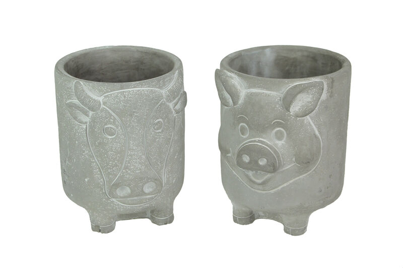 Set of 2 Natural Gray Barnyard Animal Design Concrete Planters Cow and Pig image number 0
