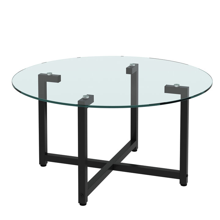 Round Transparent Glass+Black Leg Coffee Table, Clear Coffee Table，Modern Side Center Tables for Living Room， Living Room Furniture