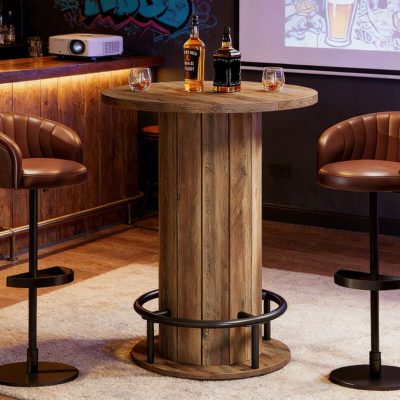 Wooden Bar Table with Brown Wood Grain Top and Rounded Base image number 4