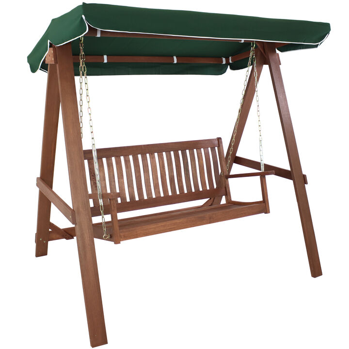 Sunnydaze 2-Person Meranti Wood Frame Swing Bench with Canopy - Green