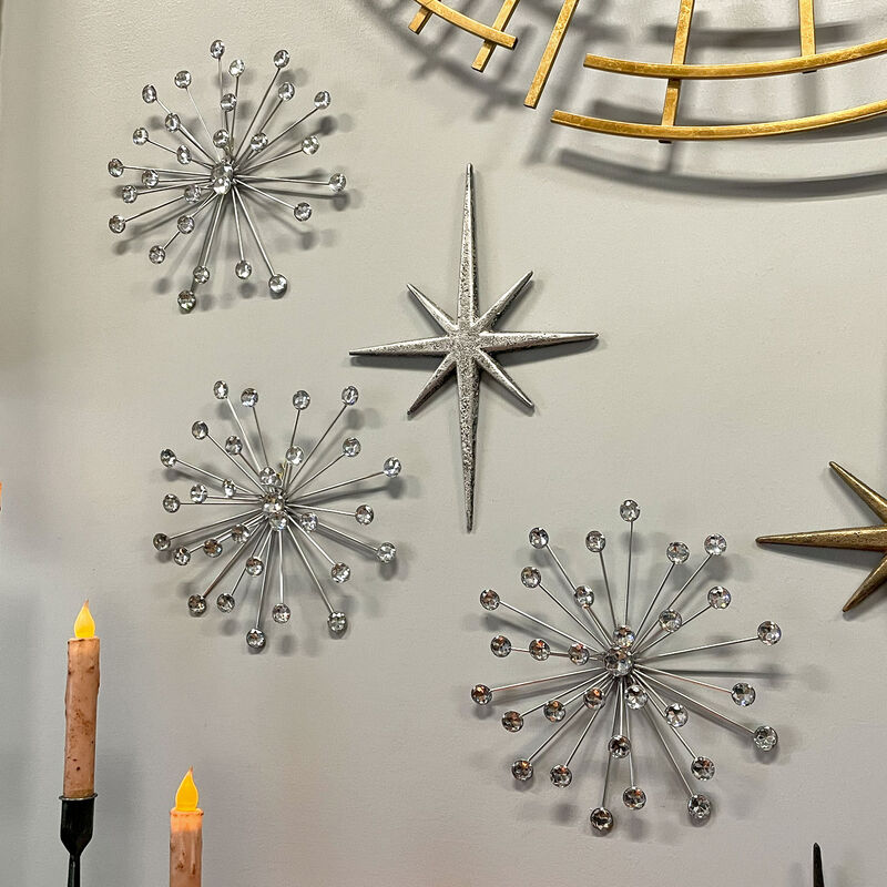 3 Silver Starburst Jeweled Metal Decorative Wall Art Hanging Rhinestone Crystal image number 5