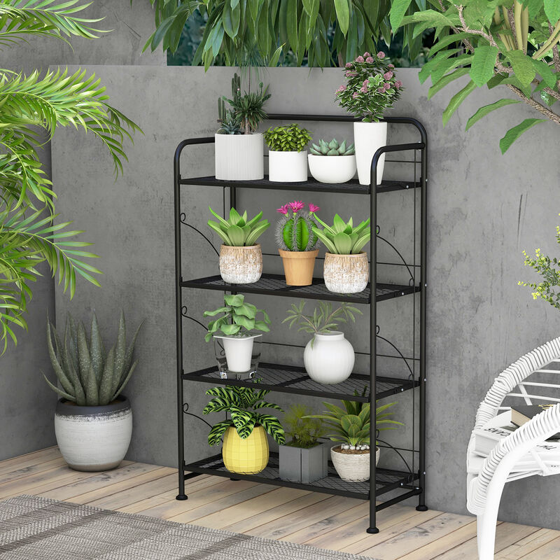 4-Tier Folding Plant Stand with Adjustable Shelf and Feet-Black