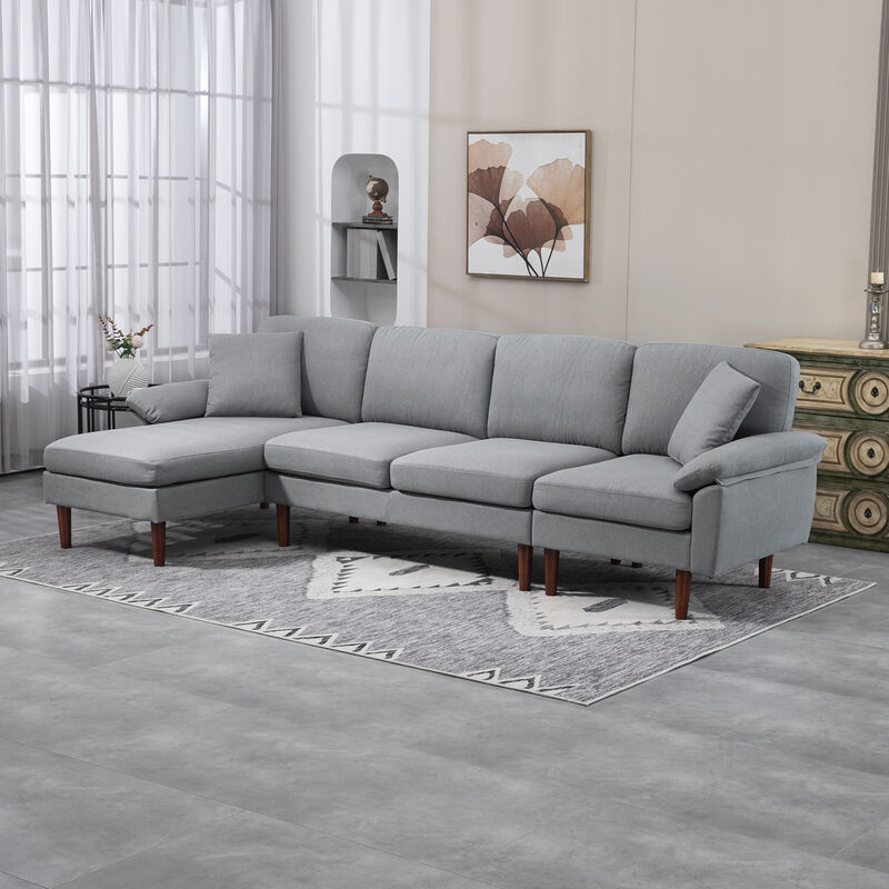 HOMCOM Sectional Sofa with Reversible Chaise Lounge, Modern L Shaped Corner Sofa with Pillows, Wooden Legs, Fabric Sectional Couch for Living Room, Gray