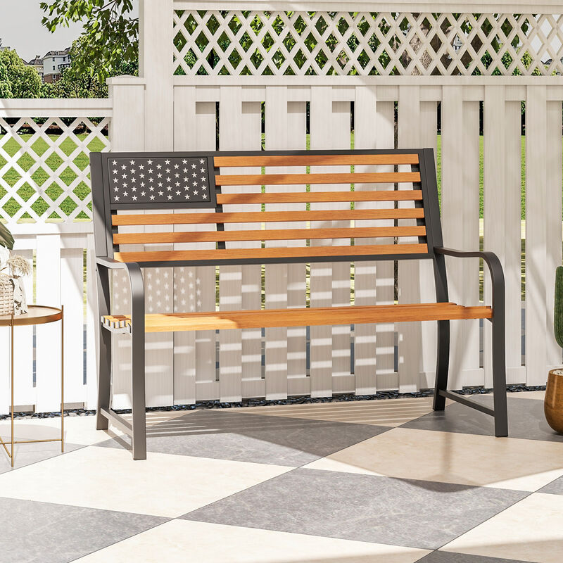 Outdoor Patio Bench with Rustic Flag Back Design and Faux Wood Texture