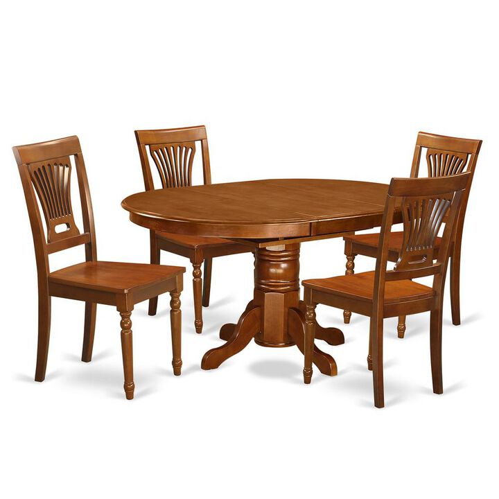 5 Pc Avon Dining Table featuring Leaf and 4 hard wood Chairs in Saddle Brown .