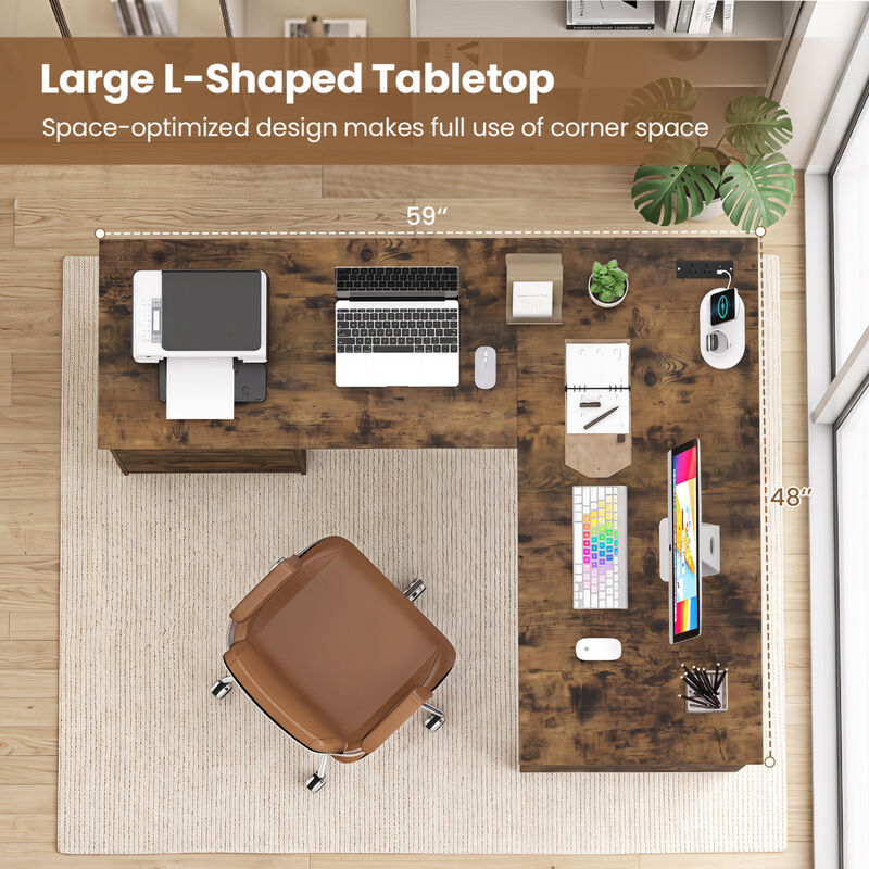 L Shaped Executive Computer Desk with Power Outlets Drawers and Bookshelf image number 6