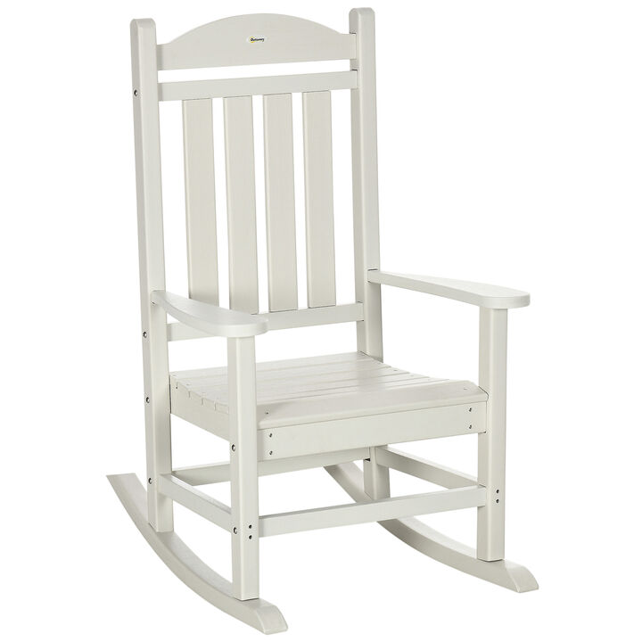 Outsunny Outdoor Rocking Chair, All Weather-Resistant HDPE Rocking Patio Chairs with Rustic High Back, Armrests, Oversized Seat and Slatted Backrest, 350lbs Weight Capacity, White