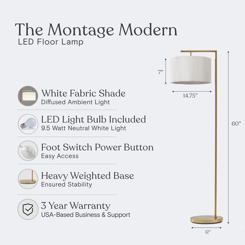 Montage Modern LED Floor Lamp - Pleated Shade in Brass