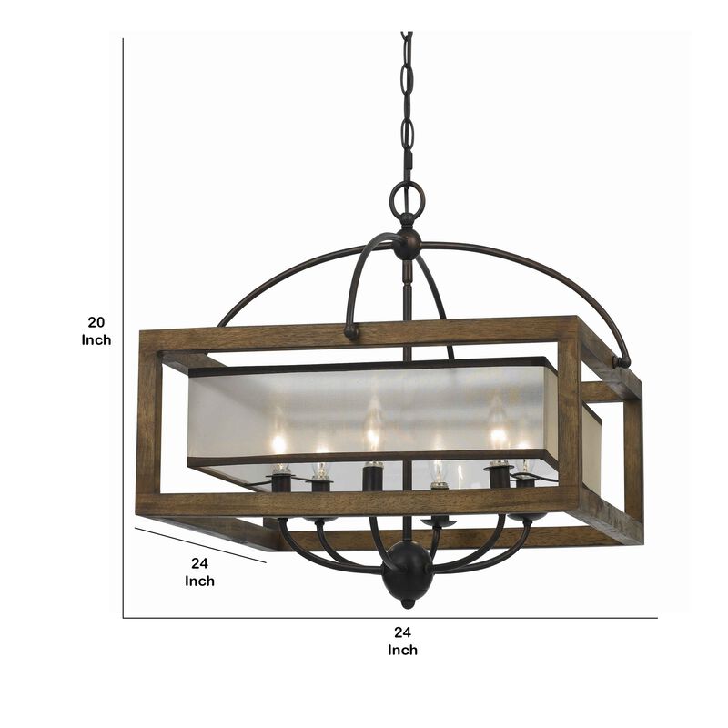 6 Bulb Square Chandelier with Wooden Frame and Organza Striped Shade, Brown - Benzara