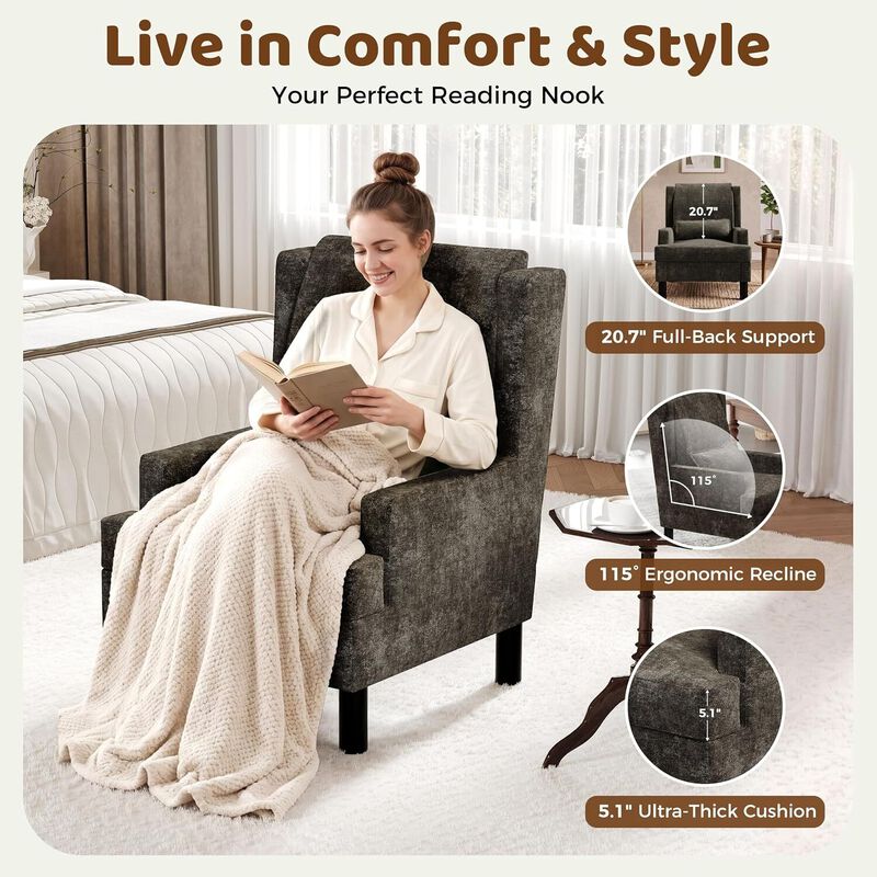Upholstered Wingback Accent Chair, Modern Reading Armchair for Living Room, Bedroom,Dark Brown image number 3