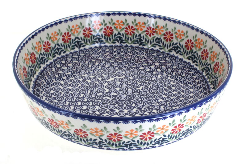 Blue Rose Polish Pottery Garden Bouquet Large Round Baker