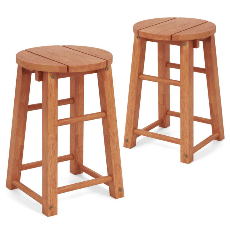 Wood Bar Stools Set of 2 for Outdoor Use, Round Seat and Footrest for Comfort