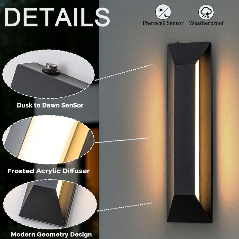 H22" Large Dusk to Dawn Modern Outdoor Wall Light 24W Integrated LED Exterior Wall Sconce with Black Trapezoid Design and Acrylic Shade for Garage Entryway image number 4