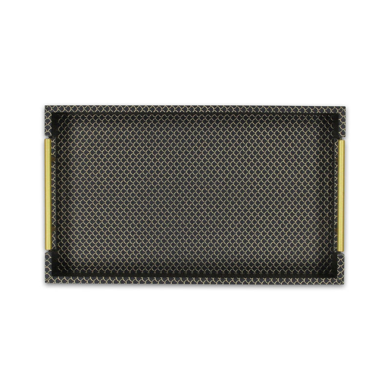 HomeRoots 16" Black And Gold Geometric Print Handmade Serving Tray image number 5