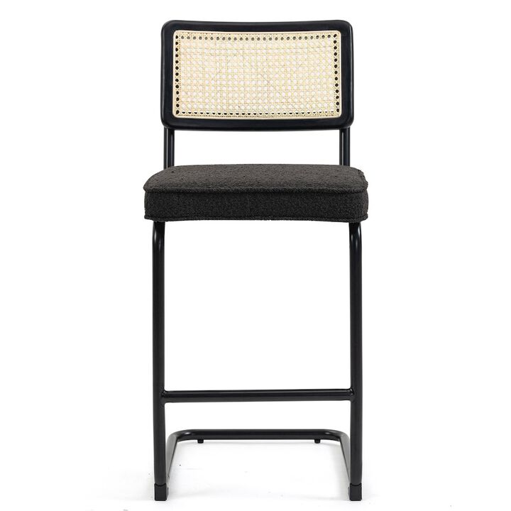 Glamour Home Set of 2 Black Boucle Fabric Counter Stool Rattan Backrest and Black Steel Legs