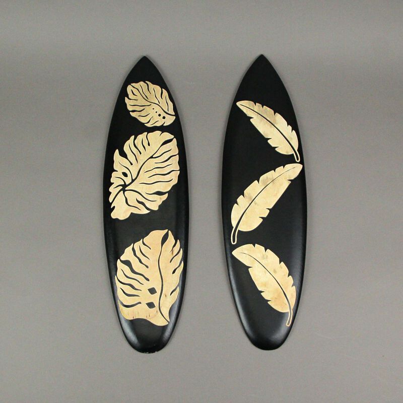Set / 2 Hand Crafted Wooden Tropical Leaf Surfboard Decorative Wall Hangings 20" image number 3