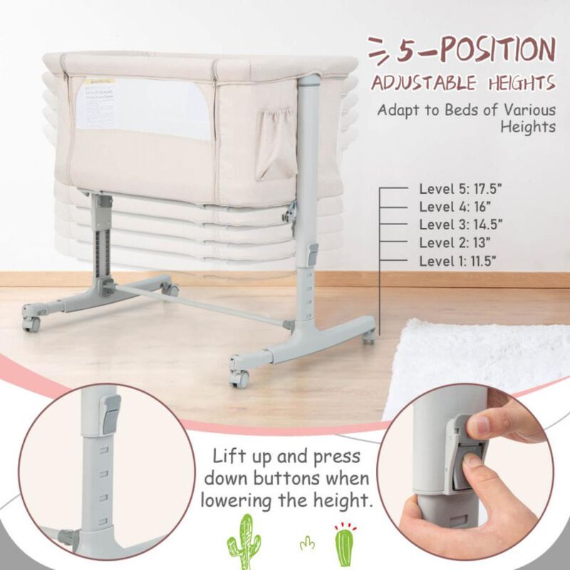 Portable Baby Bedside Bassinet with 5-level Adjustable Heights and Travel Bag