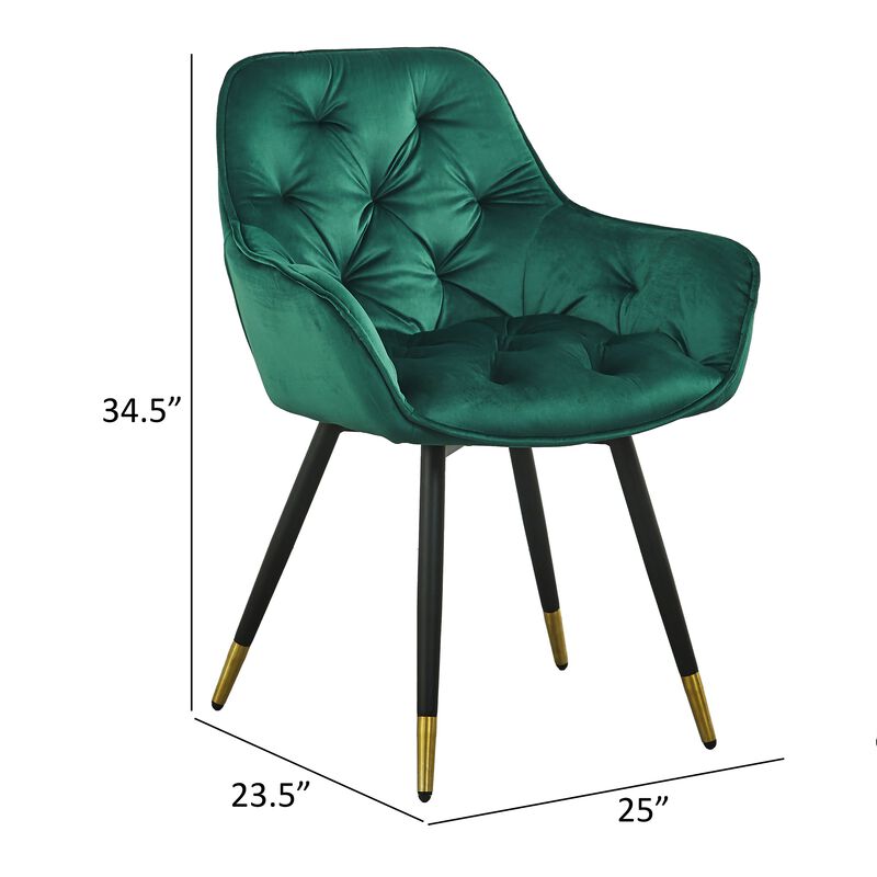 25 Inch Accent Dining Chair, Curved Back, Gold, Green Velvet Upholstery - Benzara