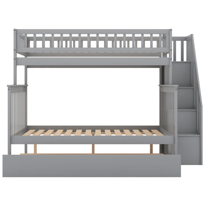 Twin over Full Bunk Bed with Trundle and Staircase, White