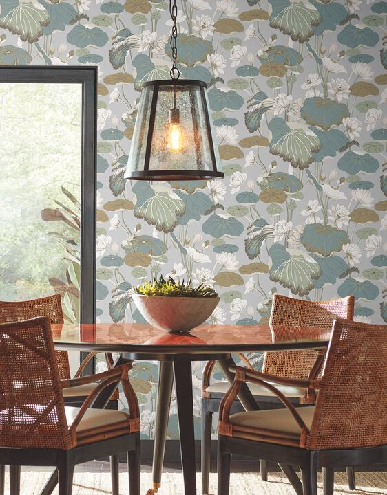 Lotus Pond Grey & Blue Wallpaper