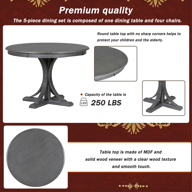 5-Piece Retro Round Dining Table Set with Curved Trestle Style Table Legs and 4 Upholstered Chairs for Dining Room (Dark Gray)