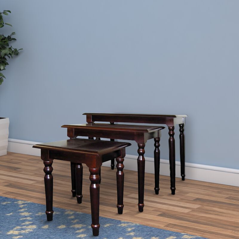 3 Piece Wooden Nesting Tables with Turned Tapered Legs, Cherry Brown-Benzara
